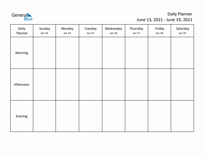 Weekly Planner with Morning, Afternoon, and Evening Sections