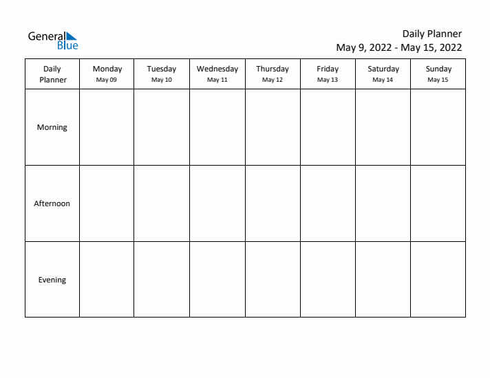 Weekly Planner with Morning, Afternoon, and Evening Sections