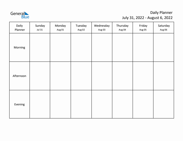 Weekly Planner with Morning, Afternoon, and Evening Sections