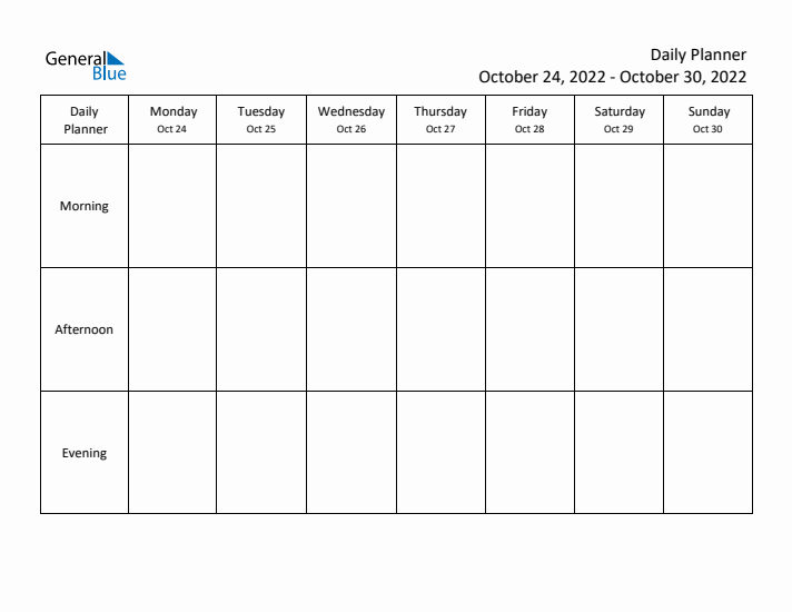 Weekly Planner with Morning, Afternoon, and Evening Sections