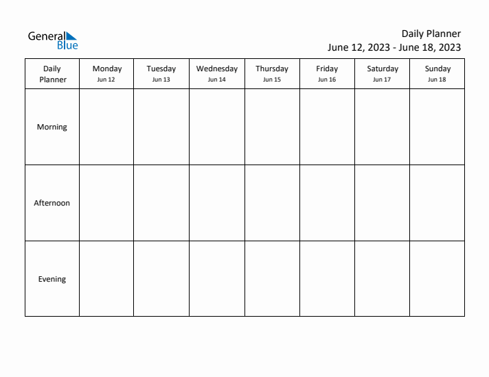 Weekly Planner with Morning, Afternoon, and Evening Sections