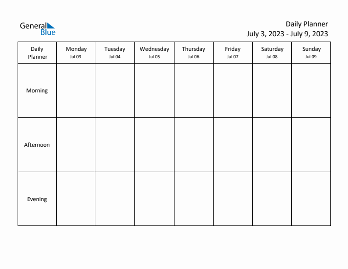 Weekly Planner with Morning, Afternoon, and Evening Sections