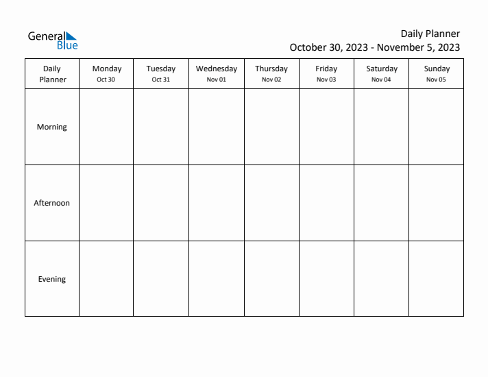 Weekly Planner with Morning, Afternoon, and Evening Sections