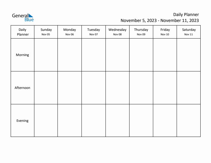 Weekly Planner with Morning, Afternoon, and Evening Sections