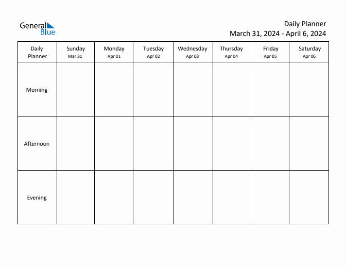 Weekly Planner with Morning, Afternoon, and Evening Sections