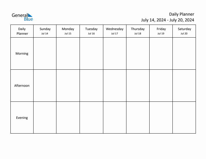 Weekly Planner with Morning, Afternoon, and Evening Sections