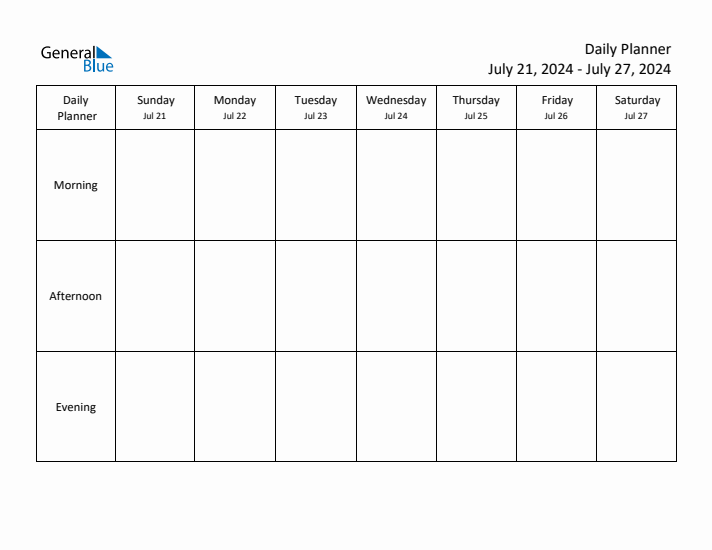 Weekly Planner with Morning, Afternoon, and Evening Sections