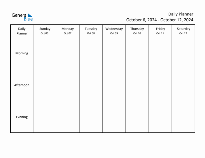 Weekly Planner with Morning, Afternoon, and Evening Sections