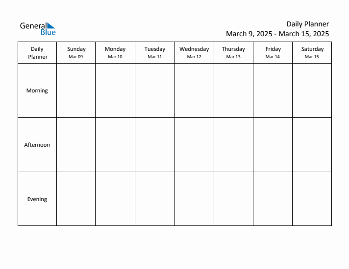 Weekly Planner with Morning, Afternoon, and Evening Sections