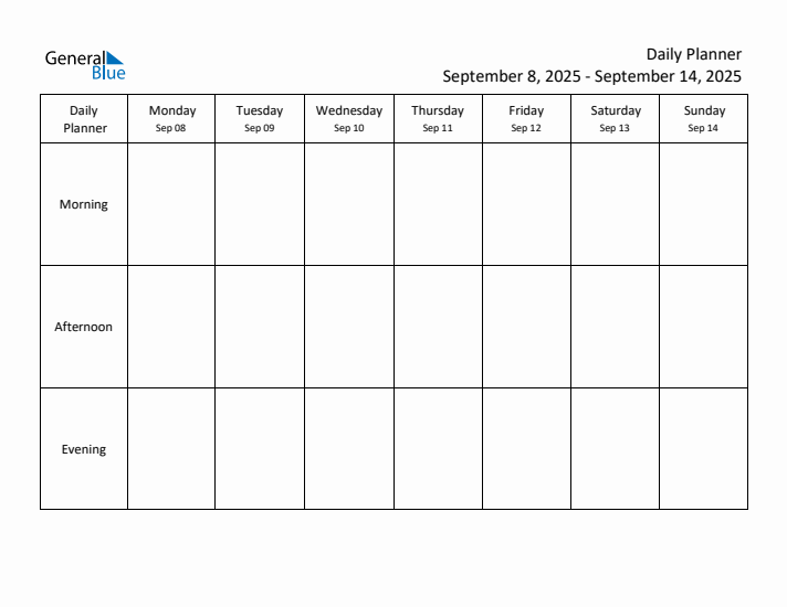 Weekly Planner with Morning, Afternoon, and Evening Sections