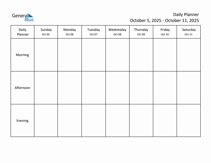 Weekly Planner with Morning, Afternoon, and Evening Sections