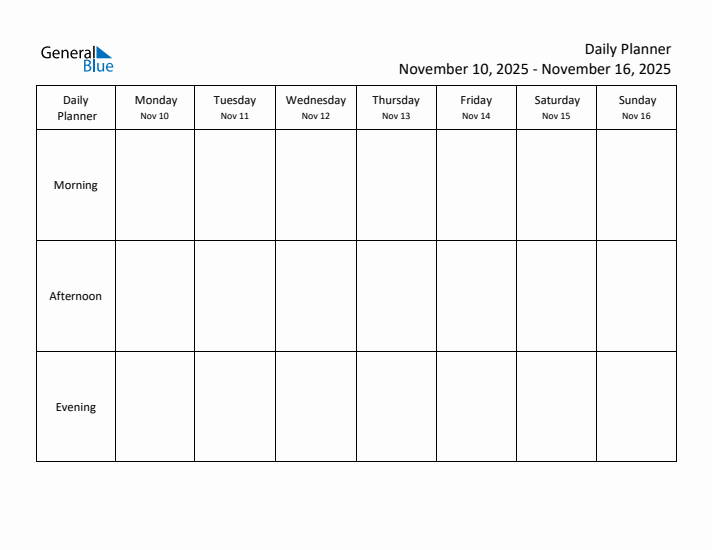 Weekly Planner with Morning, Afternoon, and Evening Sections