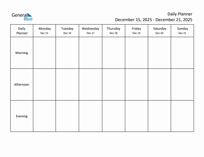 Weekly Planner with Morning, Afternoon, and Evening Sections