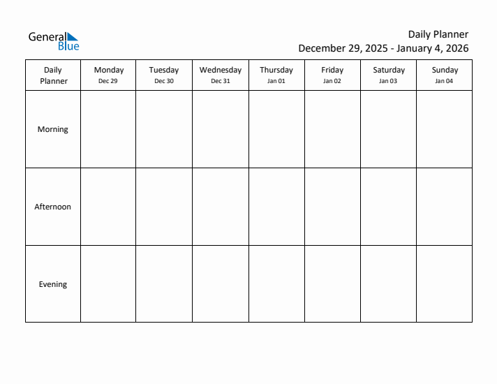 Weekly Planner with Morning, Afternoon, and Evening Sections