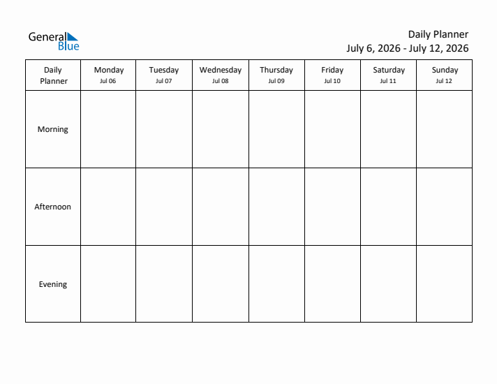 Weekly Planner with Morning, Afternoon, and Evening Sections