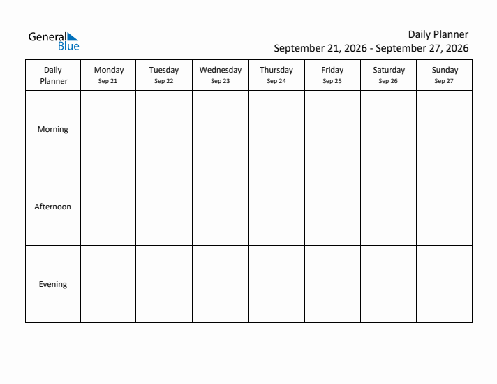 Weekly Planner with Morning, Afternoon, and Evening Sections