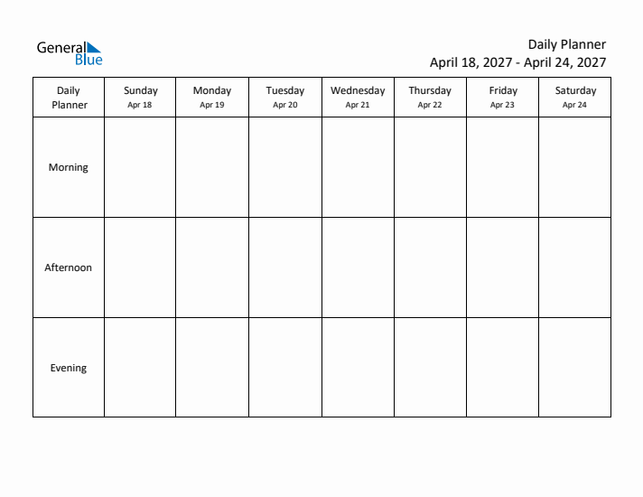 Weekly Planner with Morning, Afternoon, and Evening Sections