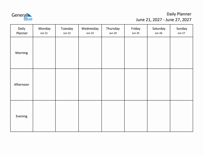 Weekly Planner with Morning, Afternoon, and Evening Sections