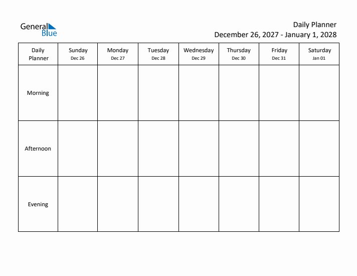 Weekly Planner with Morning, Afternoon, and Evening Sections