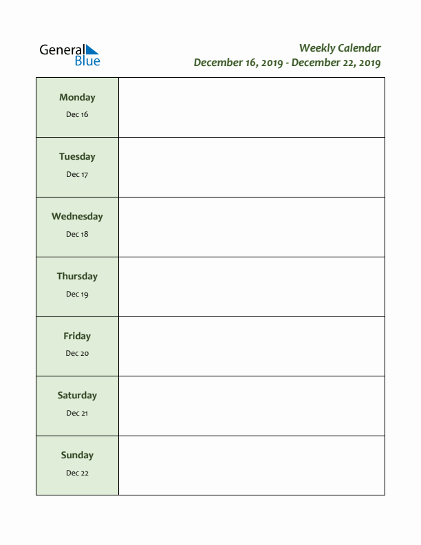 Weekly Customizable Planner - December 16 to December 22, 2019