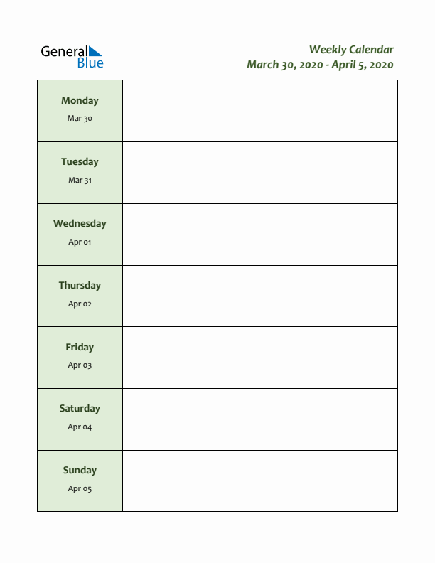 Weekly Customizable Planner - March 30 to April 5, 2020