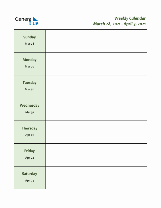 Weekly Customizable Planner - March 28 to April 3, 2021