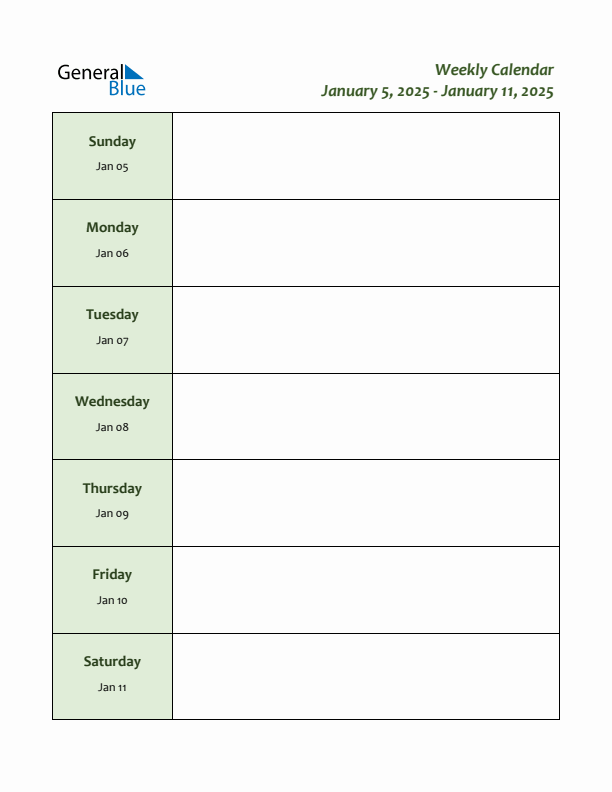 Weekly Calendar January 5, 2025 to January 11, 2025 (PDF, Word, Excel)