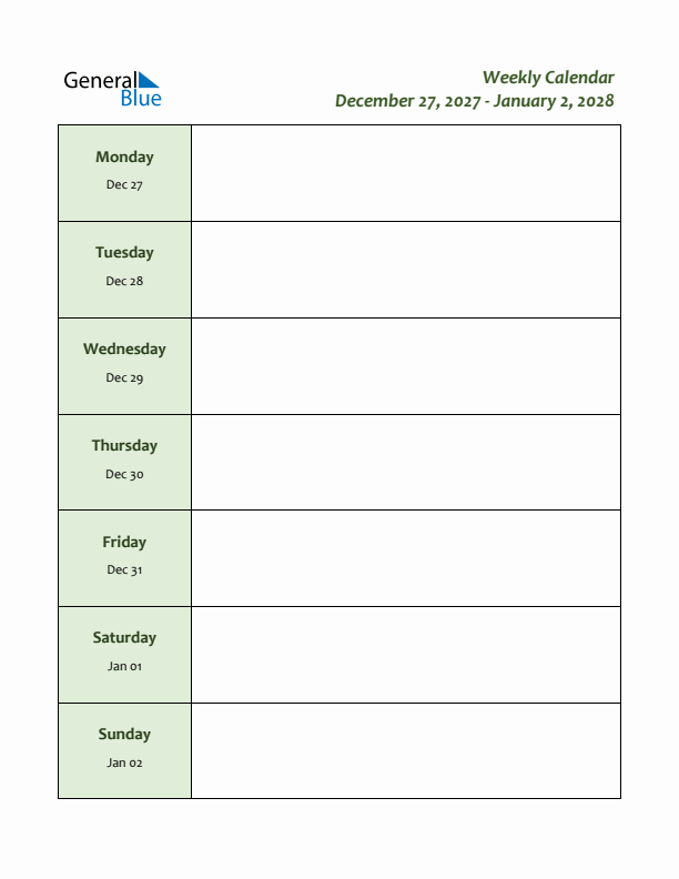 Weekly Customizable Planner - December 27 to January 2, 2028