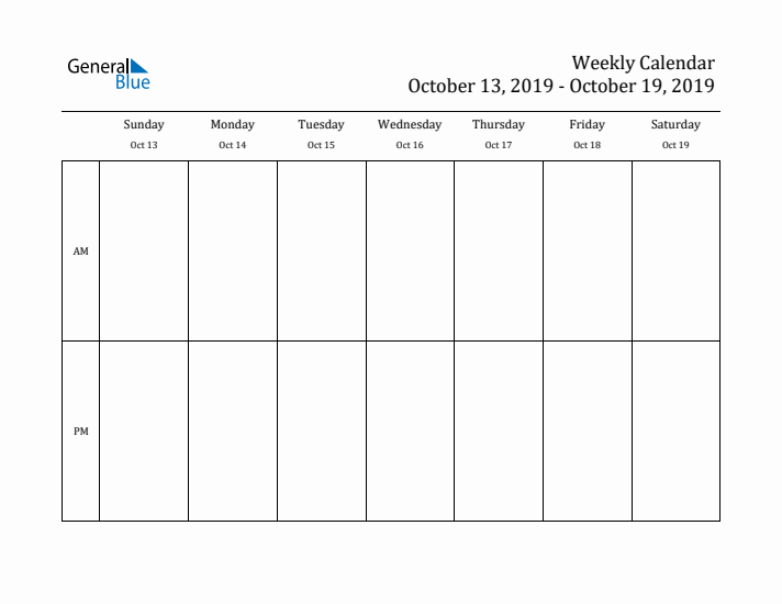 Simple Weekly Calendar Template with AM and PM (Oct 13 - Oct 19, 2019)