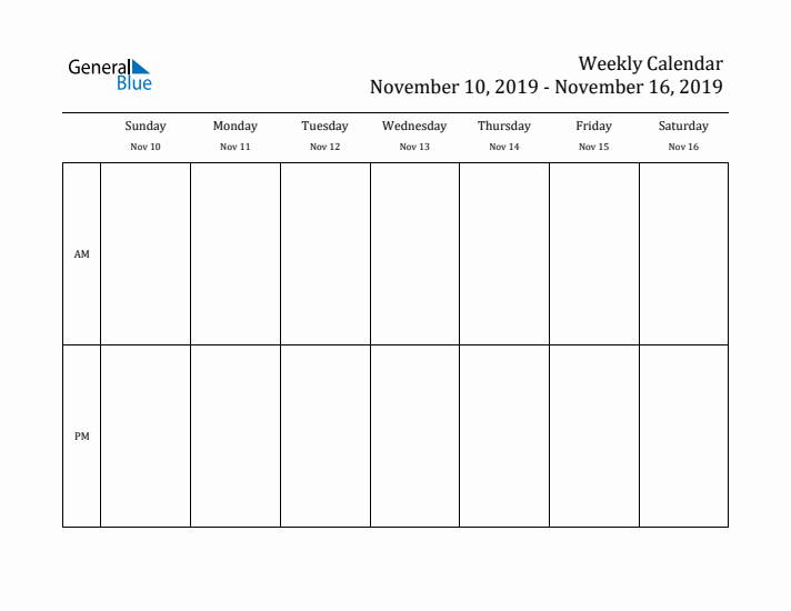 Simple Weekly Calendar Template with AM and PM (Nov 10 - Nov 16, 2019)