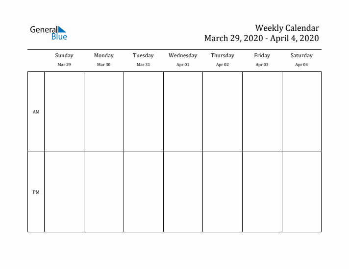 Simple Weekly Calendar Template with AM and PM (Mar 29 - Apr 4, 2020)