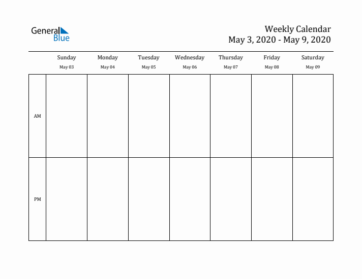 Simple Weekly Calendar Template with AM and PM (May 3 - May 9, 2020)