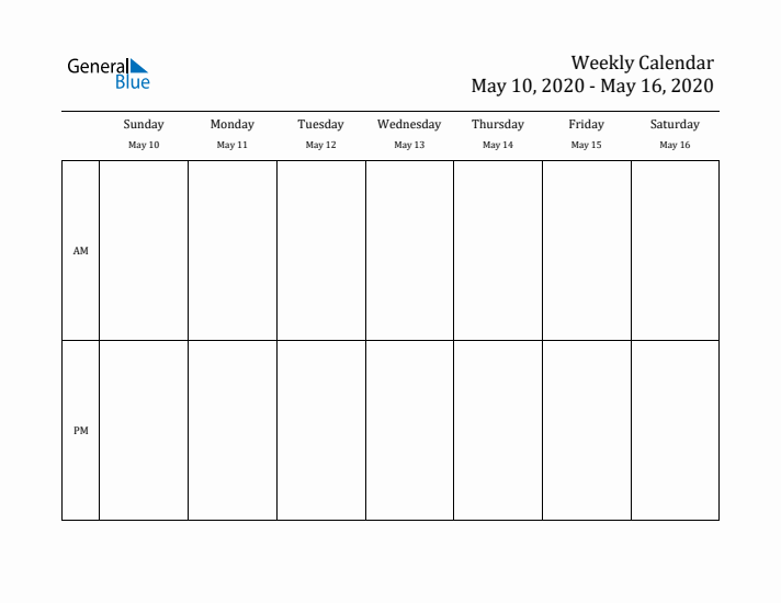 Simple Weekly Calendar Template with AM and PM (May 10 - May 16, 2020)