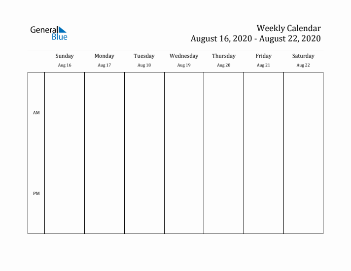 Simple Weekly Calendar Template with AM and PM (Aug 16 - Aug 22, 2020)