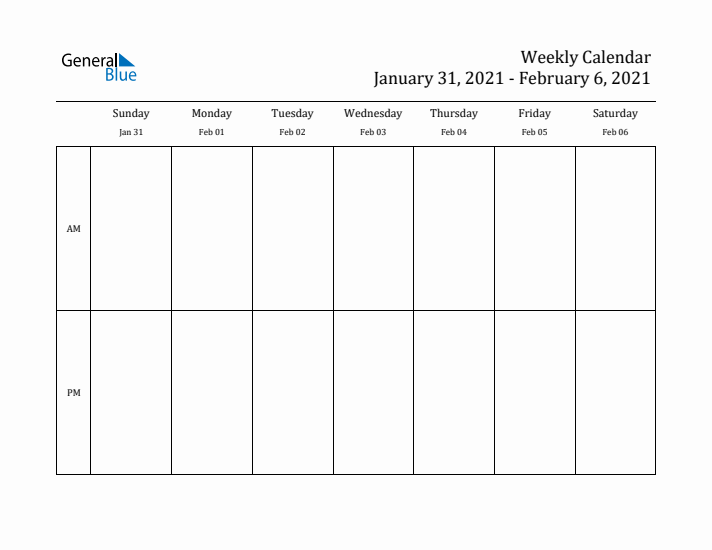 Simple Weekly Calendar Template with AM and PM (Jan 31 - Feb 6, 2021)