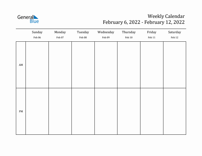 Simple Weekly Calendar Template with AM and PM (Feb 6 - Feb 12, 2022)