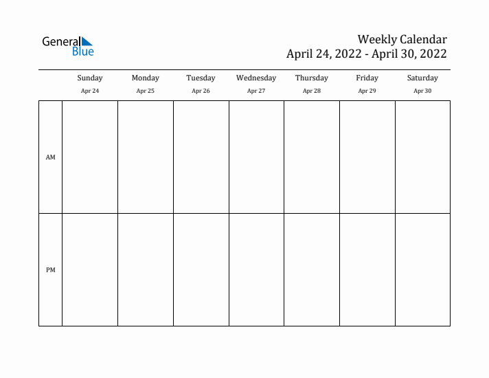 Simple Weekly Calendar Template with AM and PM (Apr 24 - Apr 30, 2022)