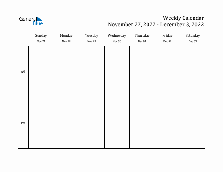 Simple Weekly Calendar Template with AM and PM (Nov 27 - Dec 3, 2022)