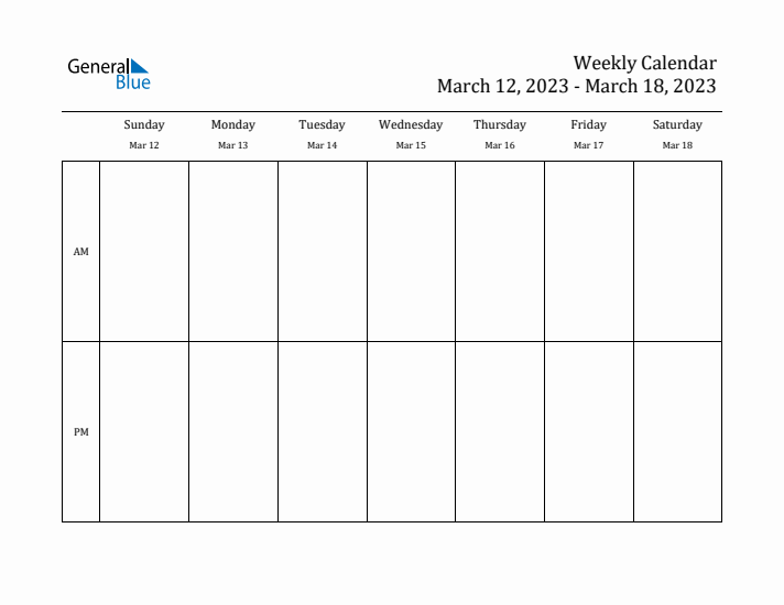 Simple Weekly Calendar Template with AM and PM (Mar 12 - Mar 18, 2023)