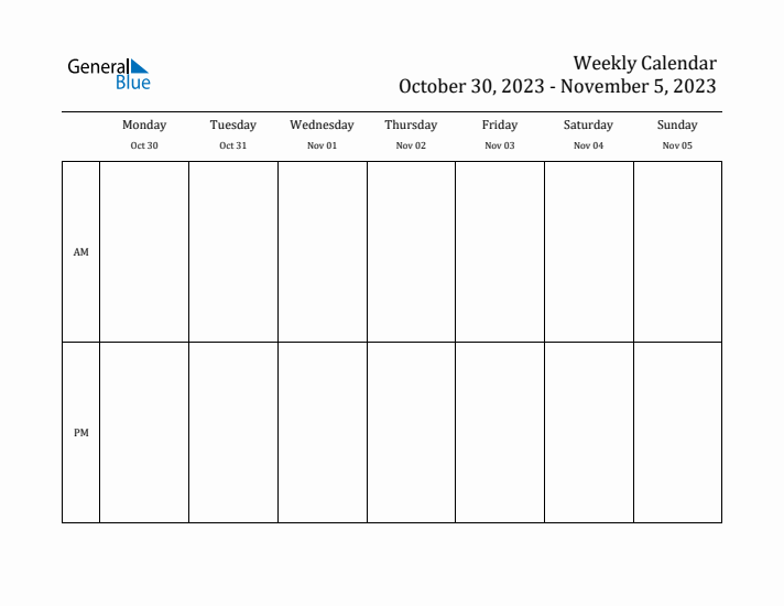 Simple Weekly Calendar Template with AM and PM (Oct 30 - Nov 5, 2023)