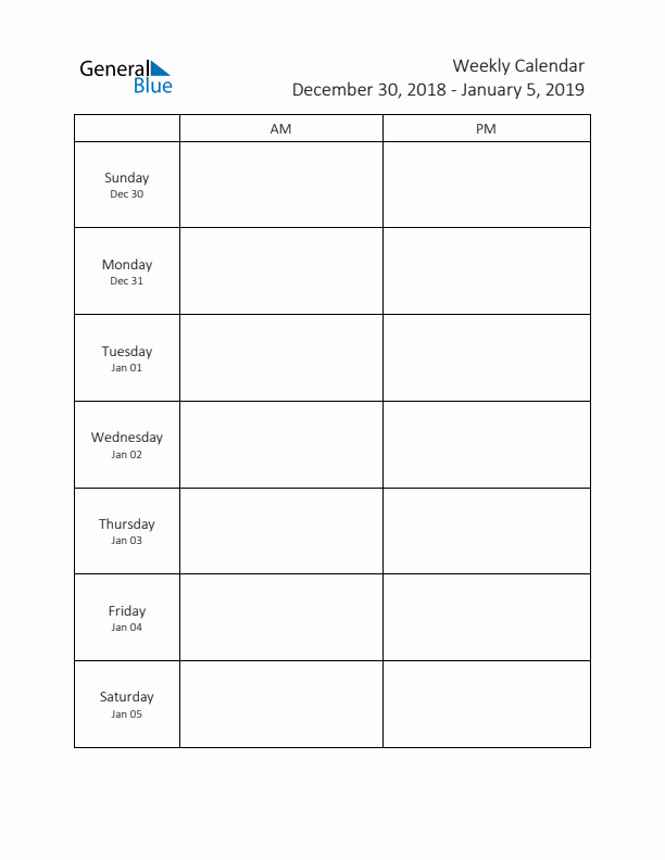 AM-PM Weekly Calendar Template (Week 1 of 2019)