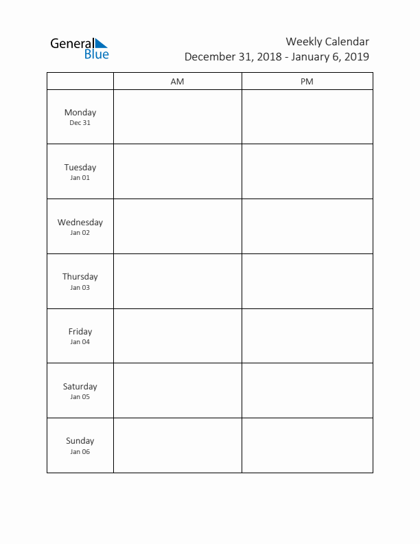 AM-PM Weekly Calendar Template (Week 1 of 2019)