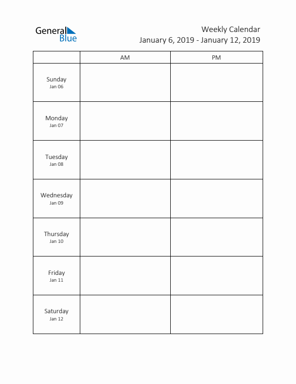 AM-PM Weekly Calendar Template (Week 2 of 2019)