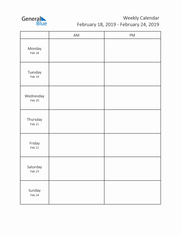 AM-PM Weekly Calendar Template (Week 8 of 2019)