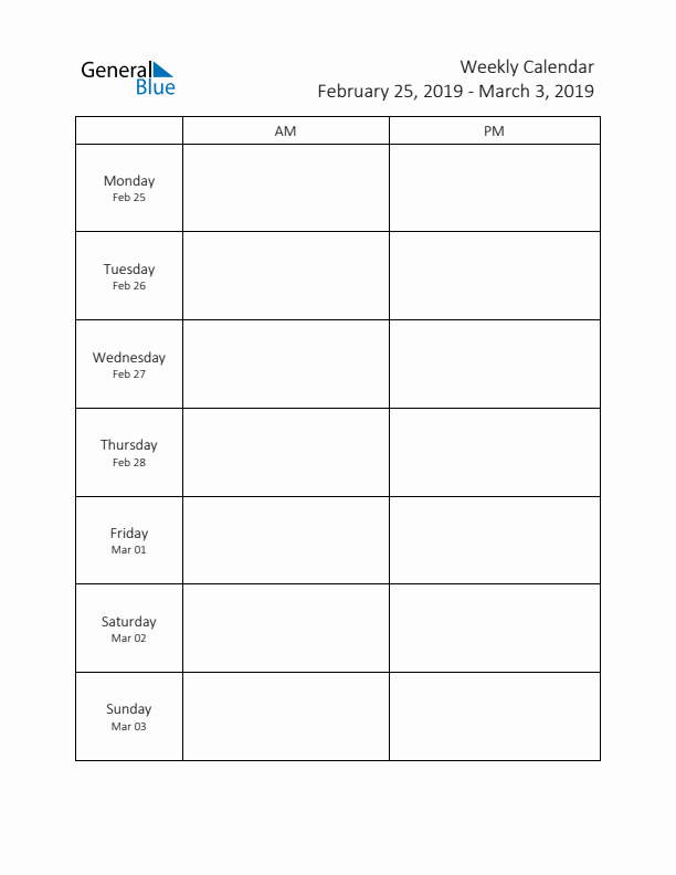 AM-PM Weekly Calendar Template (Week 9 of 2019)