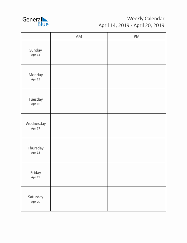 AM-PM Weekly Calendar Template (Week 16 of 2019)