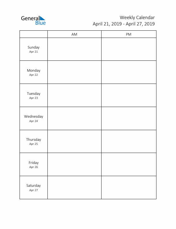 AM-PM Weekly Calendar Template (Week 17 of 2019)