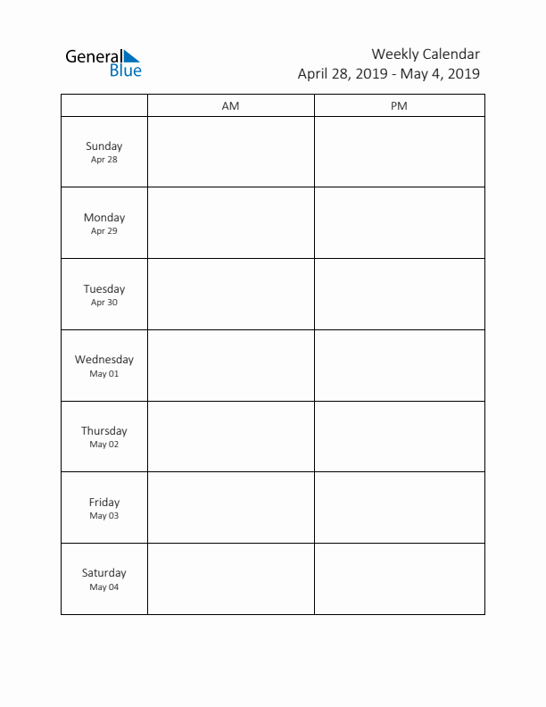 AM-PM Weekly Calendar Template (Week 18 of 2019)