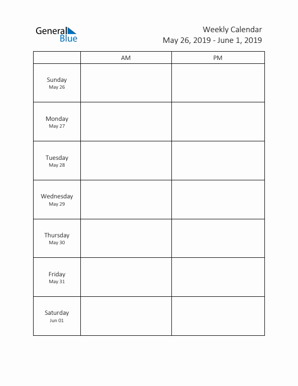 AM-PM Weekly Calendar Template (Week 22 of 2019)