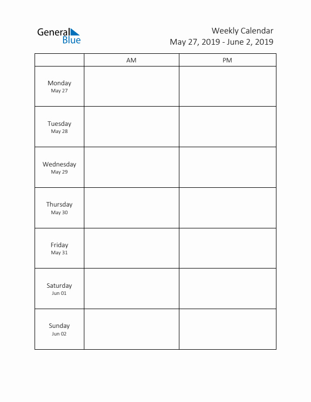 AM-PM Weekly Calendar Template (Week 22 of 2019)